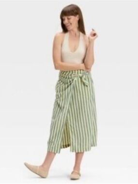 Universal Thread NWT Green Cream Striped Midi Wrap Skirt XL Cotton Blend